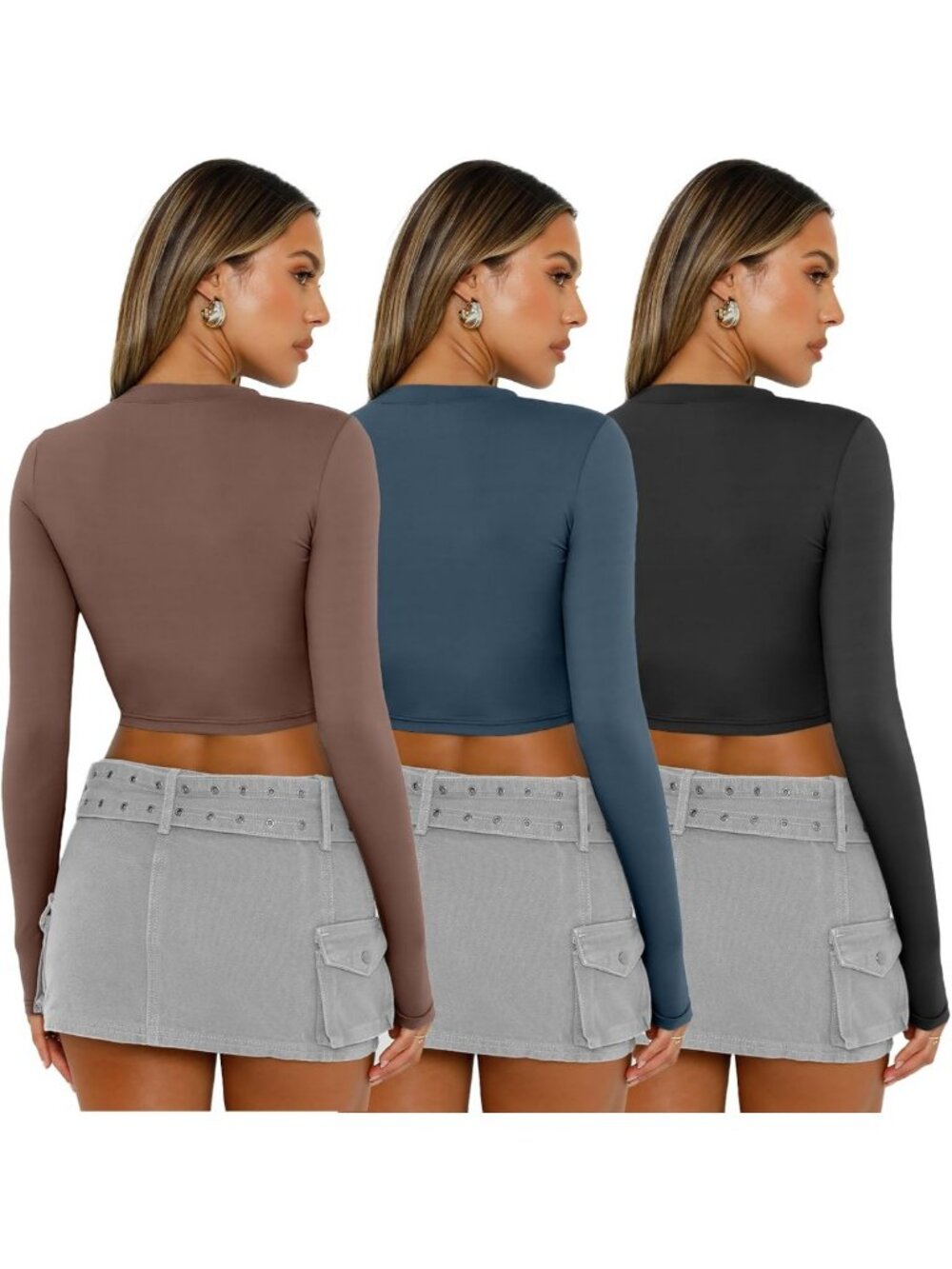 Cute Y2K Long Sleeve Crop Tops - 3 Pack Women's Gym Essentials, Stylish Basics - Picture 4 of 4
